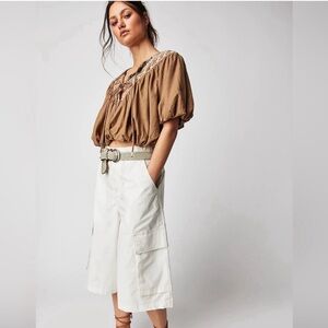 Free People Embroidered Linen Puff Sleeve Top